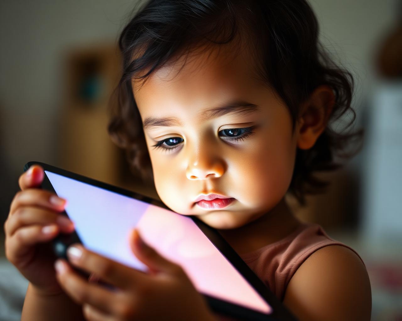 Criança usando tablet com cores suaves e luz natural